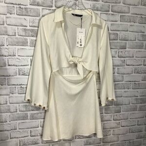 Zara Off-White Knotted Linen Blend Mini-Dress Size M NWT (0241)